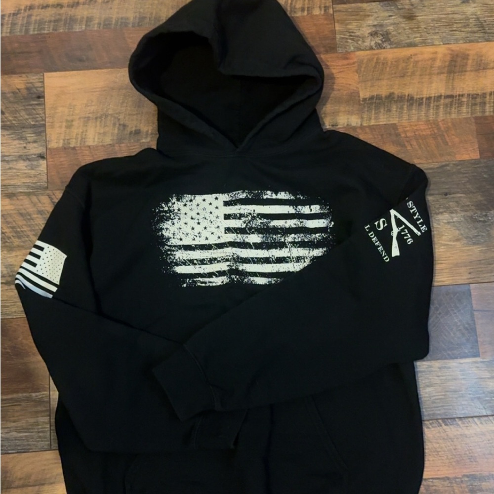 Grunt Style Black Hoodie with Distressed White Flag